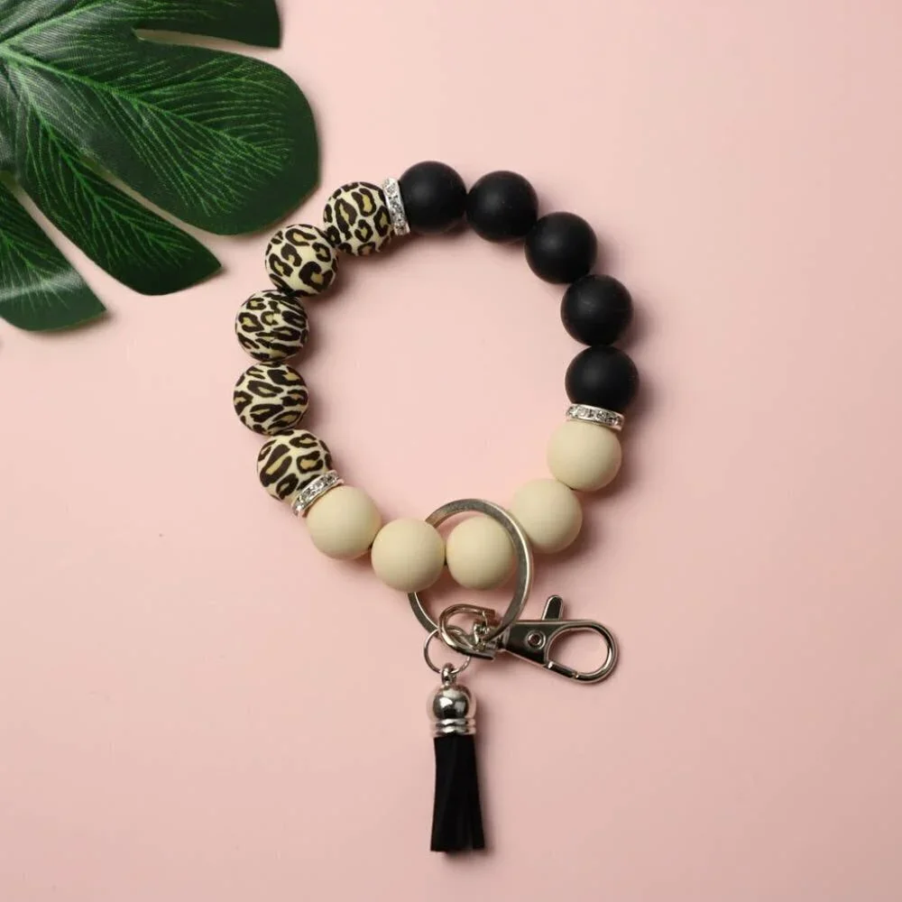 Leopard Silicone Bead‎ Tassel Bracelet Keychain